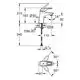 GROHE-Armatur mit schwenkbarem Auslauf, Montageöffnung und verschiedenen Abmessungen. Darstellung der technischen Details und Maße in einer schematischen Zeichnung.