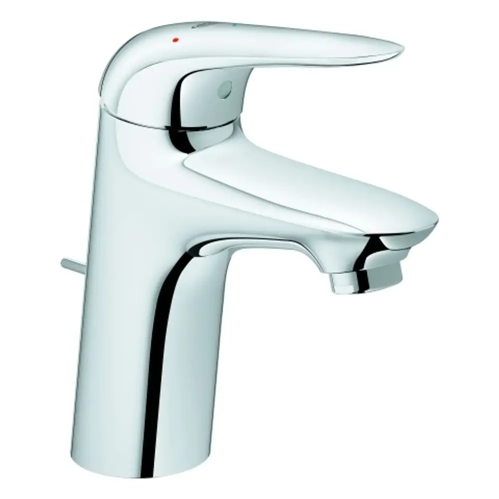 Chromfarbener Wasserhahn von Grohe mit einem Hebel zur Warm- und Kaltwassersteuerung. Schlankes, modernes Design ohne sichtbare Wasserhähne.