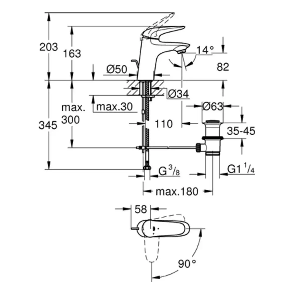 Grohe-Wasserhahn mit Hebelbedienung, Einzelanschluss, geplante Abmessungen und Montagehinweise. Technische Zeichnung für die Installation.