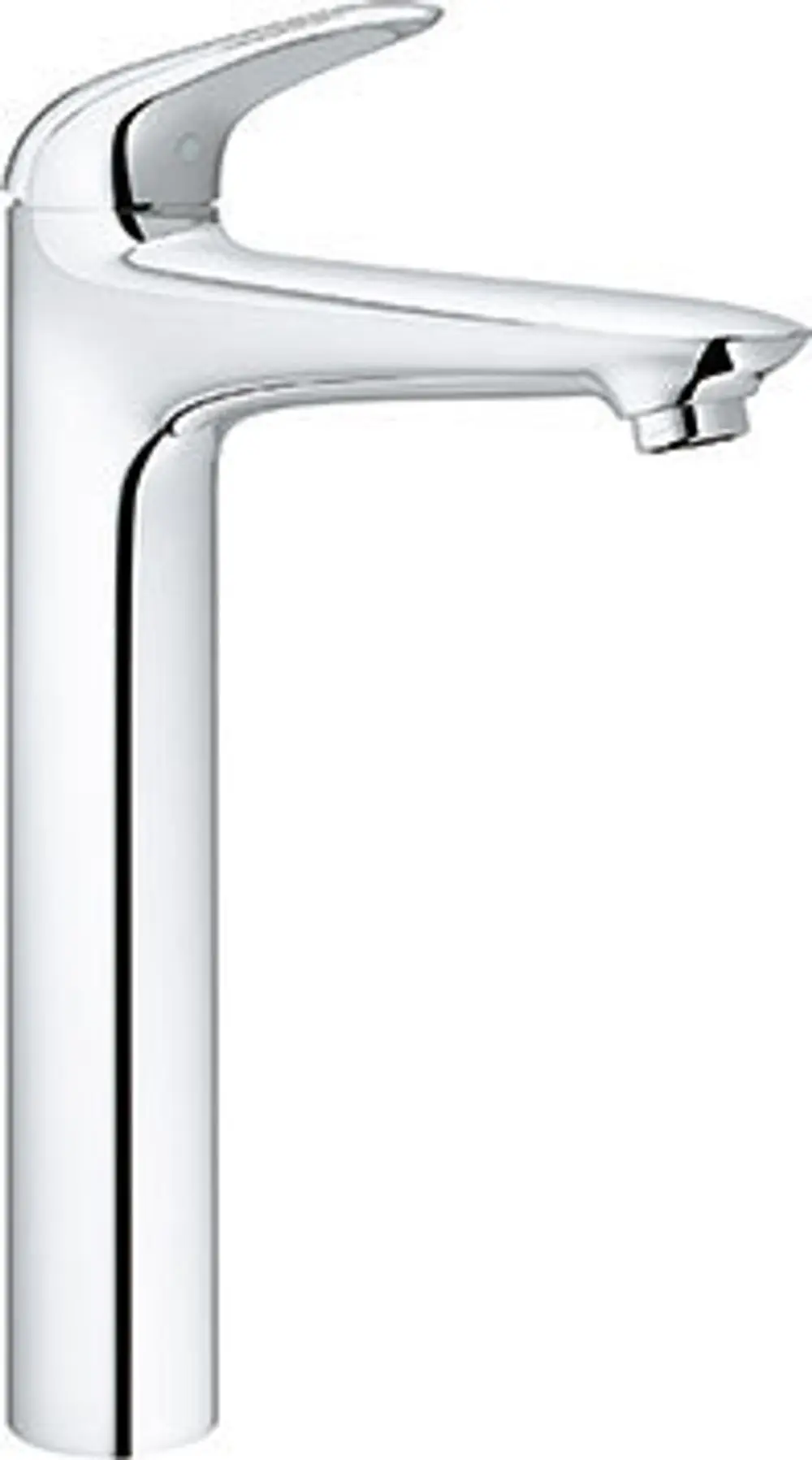 Ein glanzverchromter Wasserhahn von Grohe mit einem langen, geraden Griff und einem schmalen Auslauf, geeignet für moderne Badezimmer.