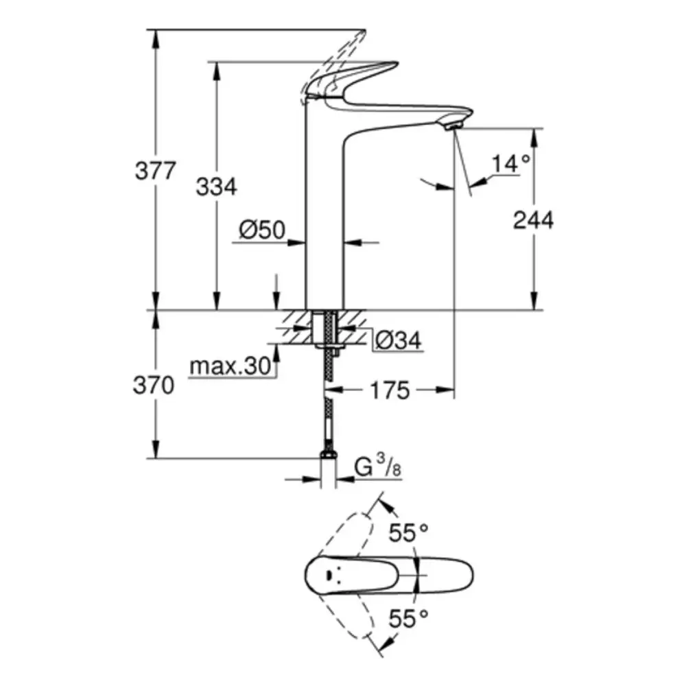 Grohe Wasserhahn mit schwenkbarem Hebel, abgebildet in Seitenansicht. Maße und Verbindungselemente sind detailliert dargestellt. Generalisierte grafische Darstellung des Produkts.