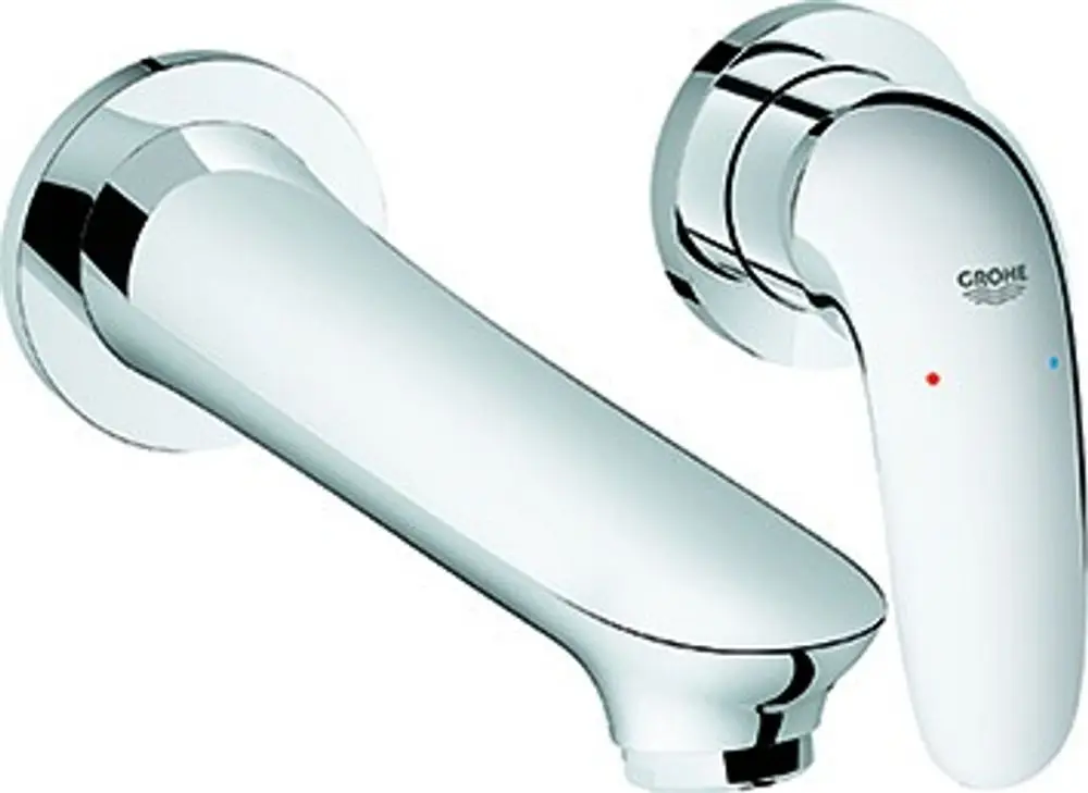 Wandbatterie aus Chrom mit zwei Anschlüssen von Grohe, bestehend aus einer Wandmontage und einem Hebel zur Temperaturregelung.