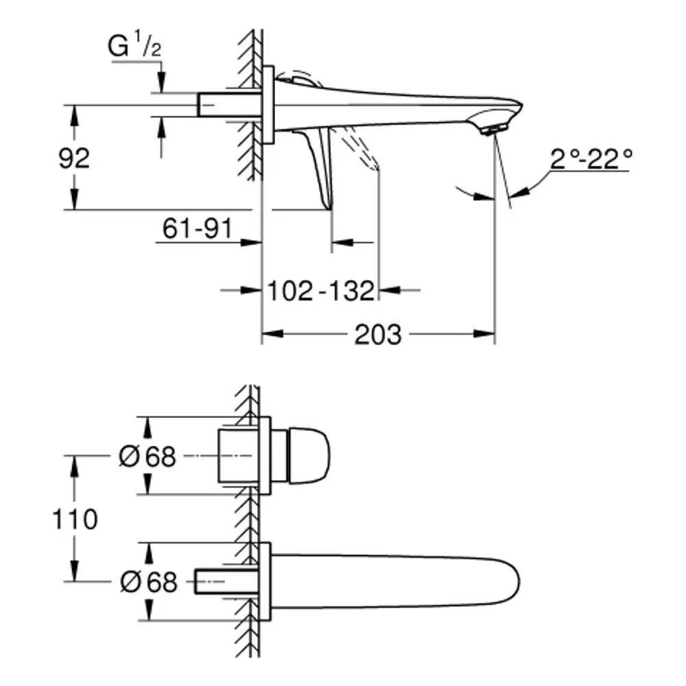 Grohe Wandbatterie mit zwei Anschlüssen und Hebelsteuerung. Technische Zeichnung mit Maßen und Einbauanleitung für eine präzise Montage.