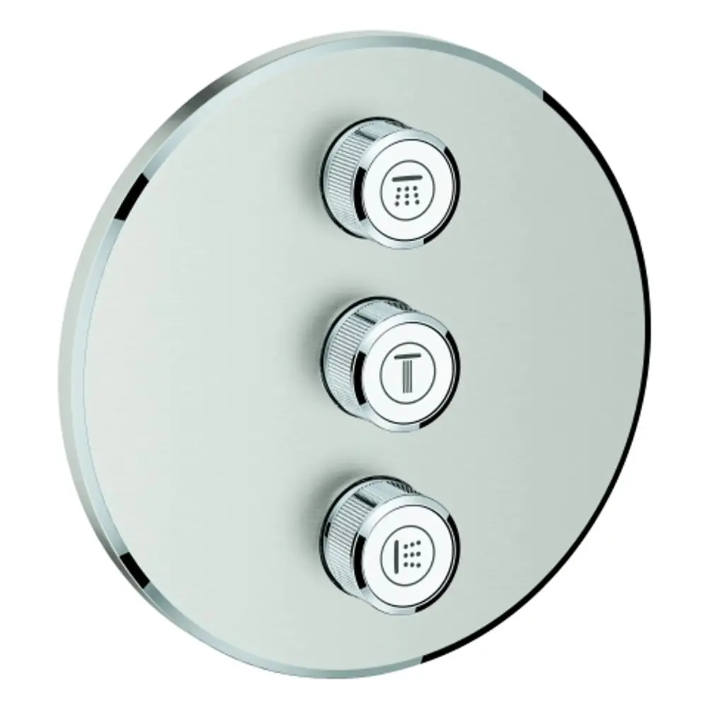 Bedienelement mit drei runden Reglern aus Edelstahl, die Funktionen für eine Grohe-Duschsteuerung ermöglichen. Zusätzliche Symbole sind klar sichtbar.