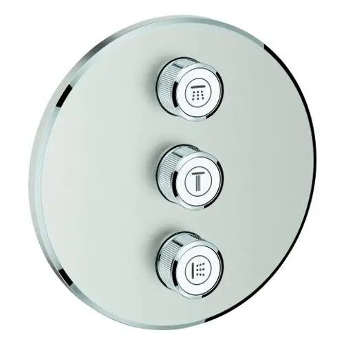 Bedienelement mit drei runden Reglern aus Edelstahl, die Funktionen für eine Grohe-Duschsteuerung ermöglichen. Zusätzliche Symbole sind klar sichtbar.