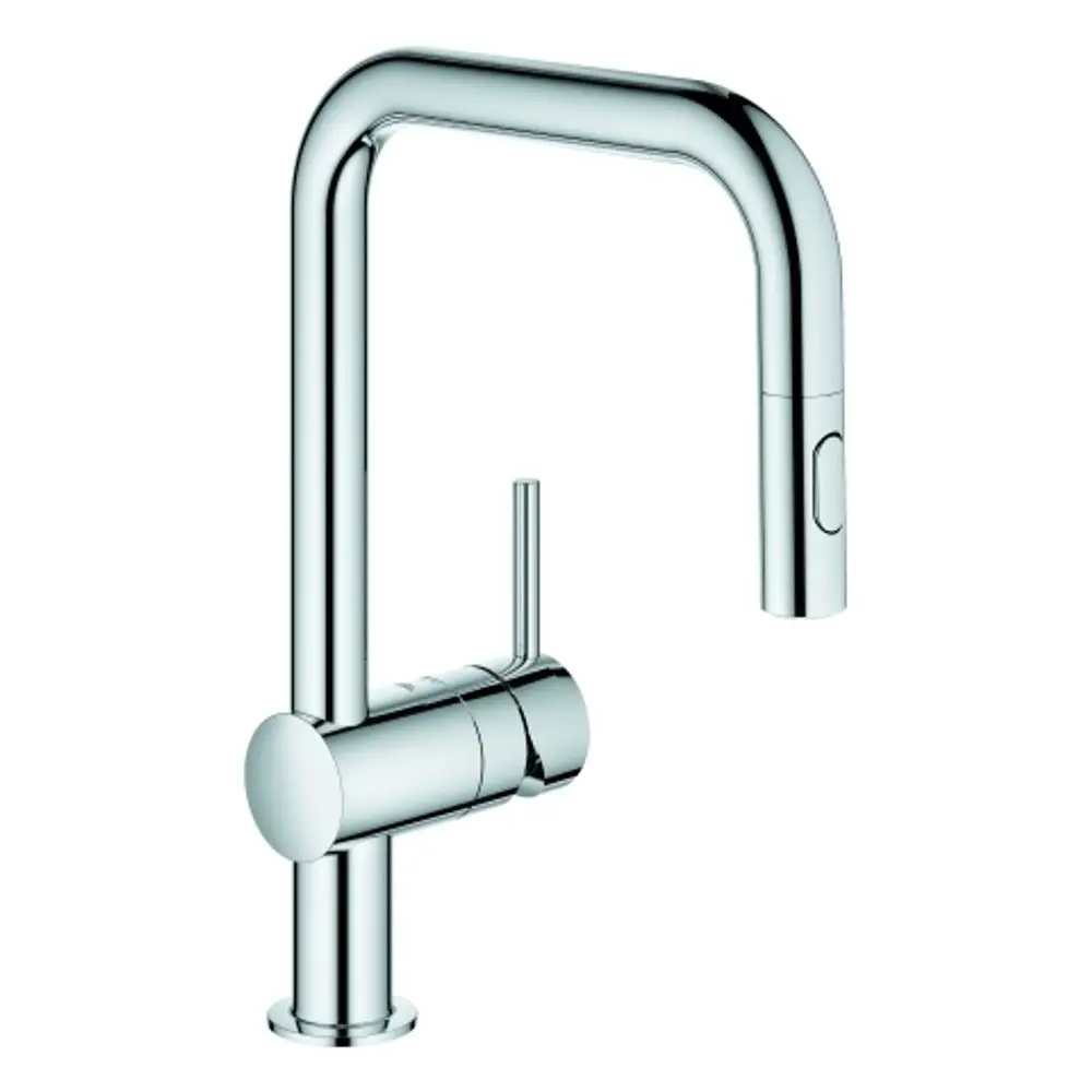 Chromfarbene Küchenarmatur von Grohe mit U-Auslauf und Spülbrause. Das Design bietet eine moderne Form und eine funktionale Lösung für die Küchenspüle.