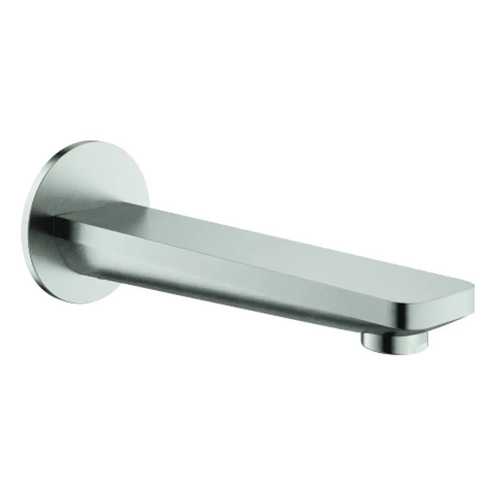 Wandmontierter Wasserhahn aus Edelstahl von Grohe mit klarer, gerader Linienführung und flachem Auslauf. Geeignet für moderne Badezimmergestaltung.