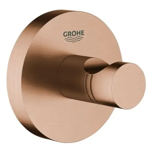 Wandmontierter Haken in roségoldener Ausführung von Grohe, geeignet für die Aufhängung von Bademänteln oder Handtüchern, mit schlichtem Design und runder Basis.
