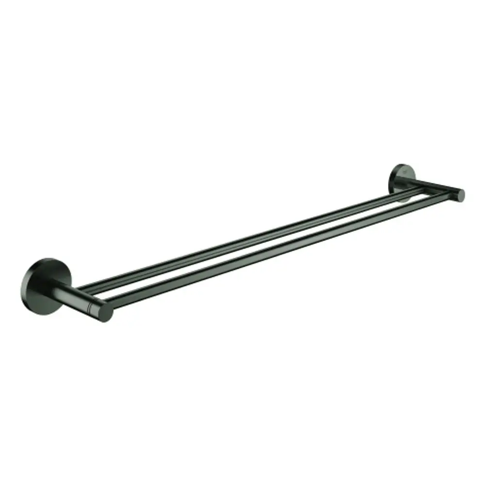 Zweifacher Badetuchhalter in mattschwarz von Grohe, montiert an der Wand, mit zwei parallelen Stangen zur Handtuchaufhängung.