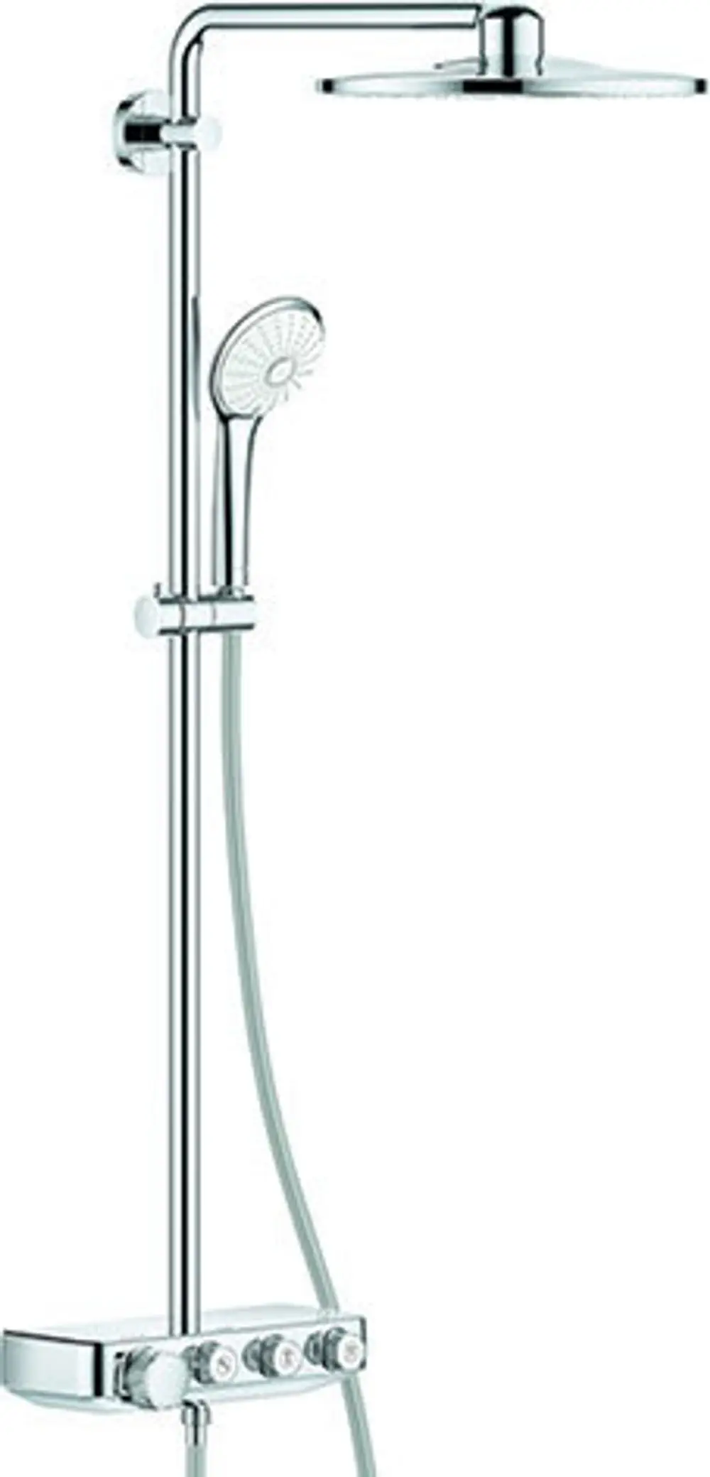 Grohe Duschsystem mit overhead Dusche und Handbrause, verchromt, ausgestattet mit Steuerknöpfen für Wasserauswahl und Temperaturregelung, auf einem vertikalen Halter montiert.