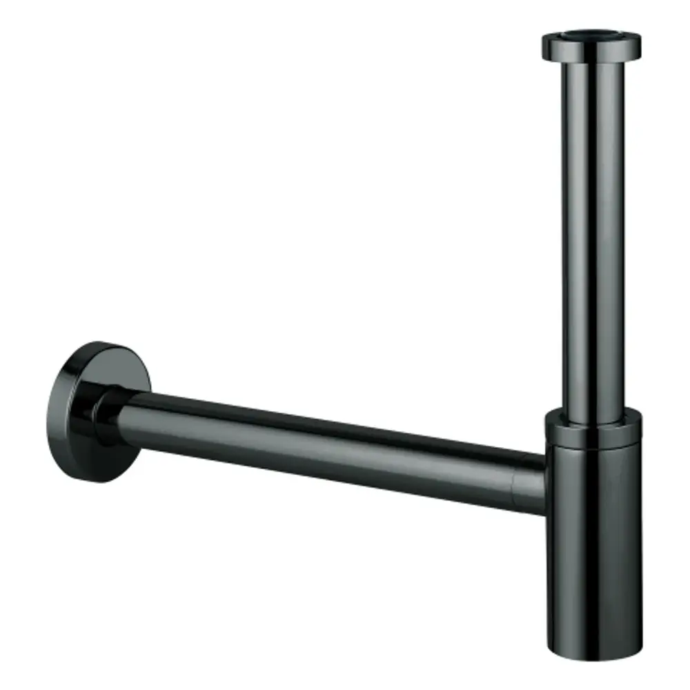 GROHE-Geruchverschluss aus Metall mit schwarzer Oberfläche, bestehend aus Rohren und Verbindungsstücken für die Installation unter einem Waschbecken.