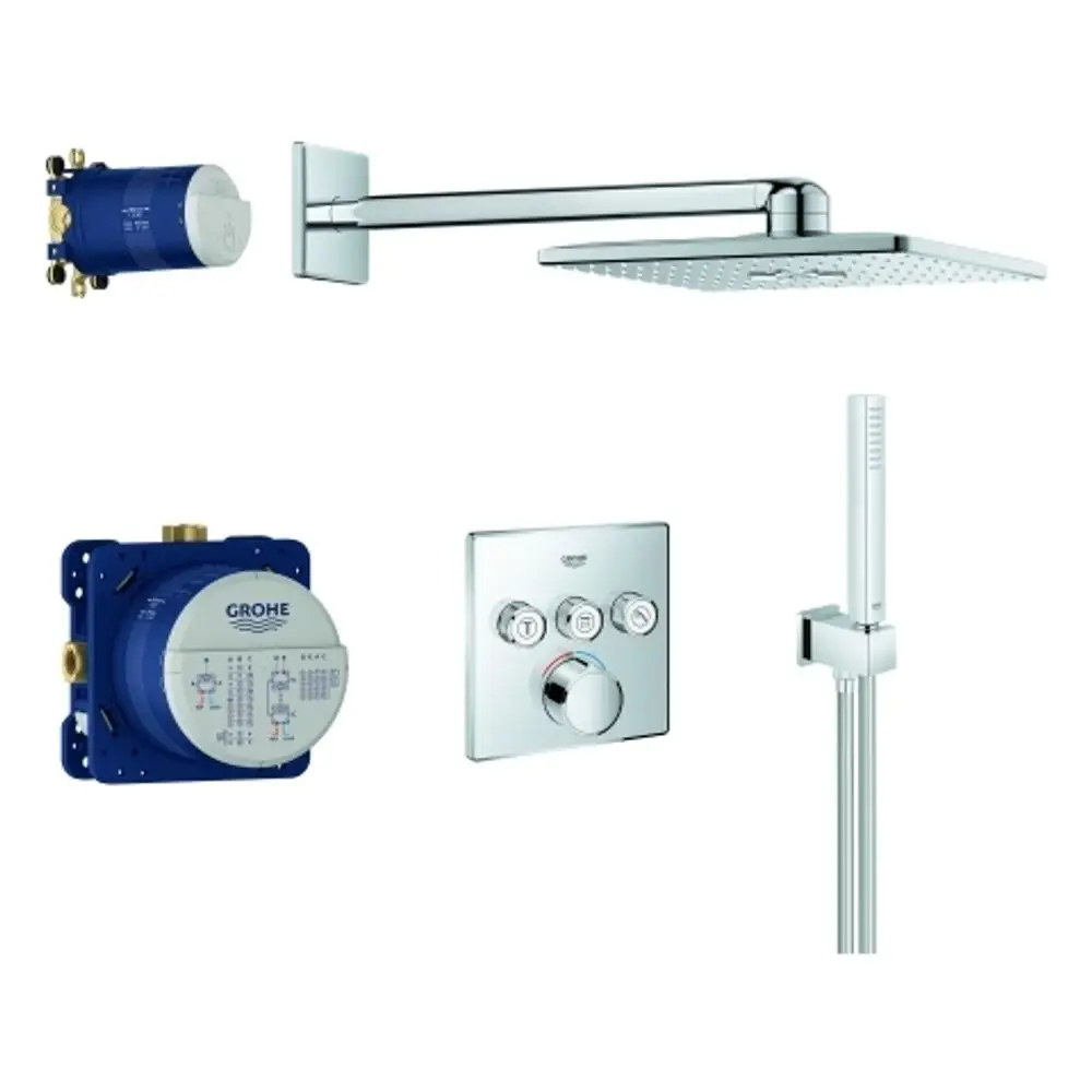Duschsystem mit Grohe Mischereinheit, overhead Duschkopf, Handbrause und Steuerungselementen in Chrom-Optik, installiert an einer Wand.
