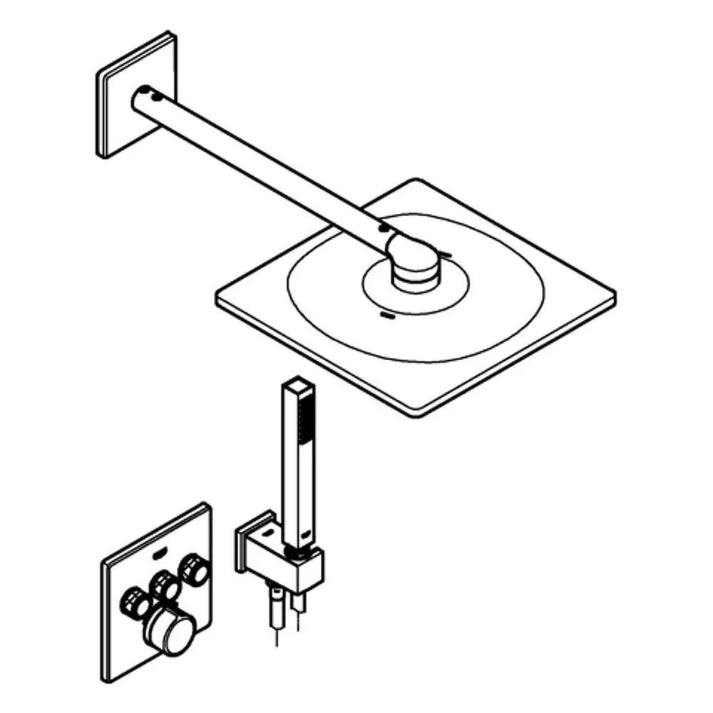 Grohe Duschsystem mit Wandmontage, bestehend aus einem rechteckigen Kopfbrause, einem langen Auslauf und einem Steuerungs-Panel mit Reglern für Temperatur und Wasserfluss.