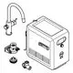 Grohe-Wasseraufbereitungsanlage mit seitlichem Auslauf und verschiedenen Komponenten wie einem Wasserfilter und Ventilen, dargestellt in technischer Skizze.