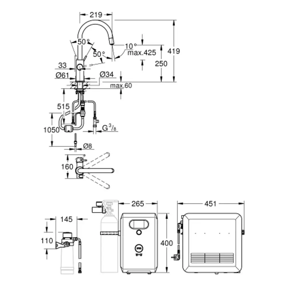GROHE Armatur mit flexibel schwenkbarem Auslauf, verbunden mit einem Versorgungssystem. Technische Elemente und Abmessungen sind angegeben.
