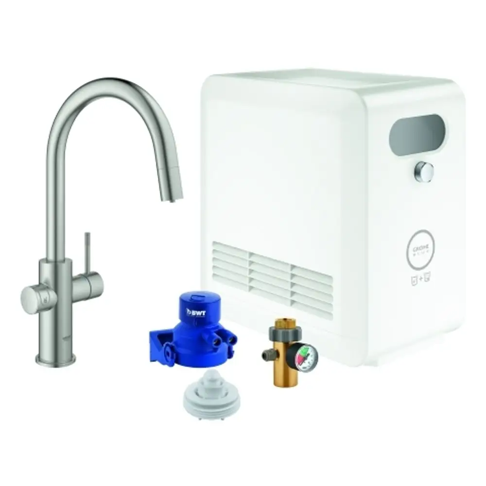 Weißer Wasserspender von Grohe mit einem Auslaufarm aus Edelstahl. Zubehörteile in blau und bronze in der Abbildung sichtbar.