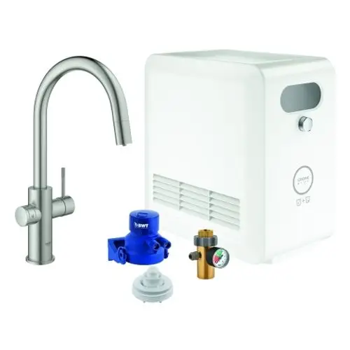 Weißer Wasserspender von Grohe mit einem Auslaufarm aus Edelstahl. Zubehörteile in blau und bronze in der Abbildung sichtbar.