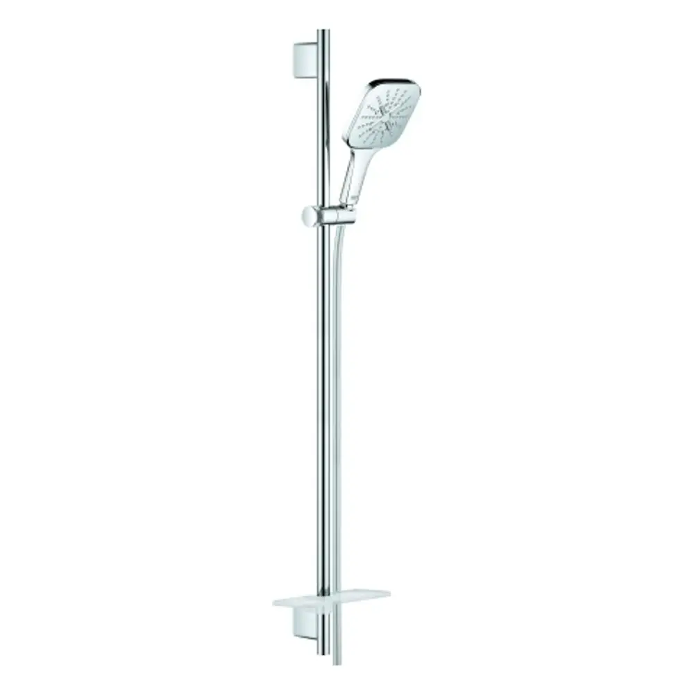 Grohe Brausestange mit Handbrause und Ablage, aus verchromtem Material, vertikal montiert mit einem minimalistischen Design für die Dusche.