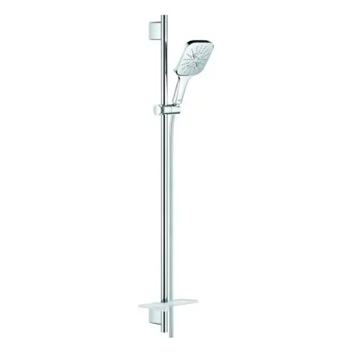 Grohe Brausestange mit Handbrause und Ablage, aus verchromtem Material, vertikal montiert mit einem minimalistischen Design für die Dusche.