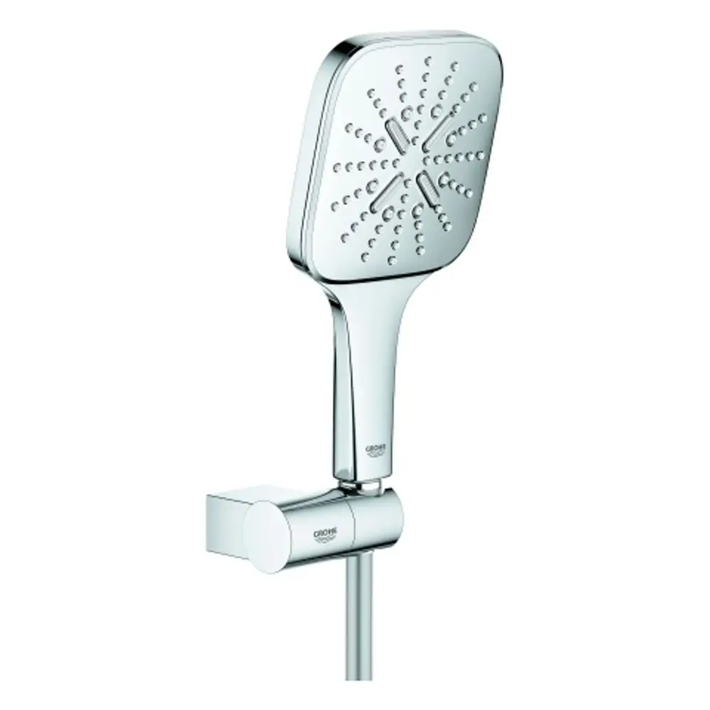 Grohe Duschkopf mit verstellbarem Wandhalter in Chromoptik. Die Brause hat ein rechteckiges Design mit Wasserstrahlöffnungen. Halterung sorgt für Stabilität.