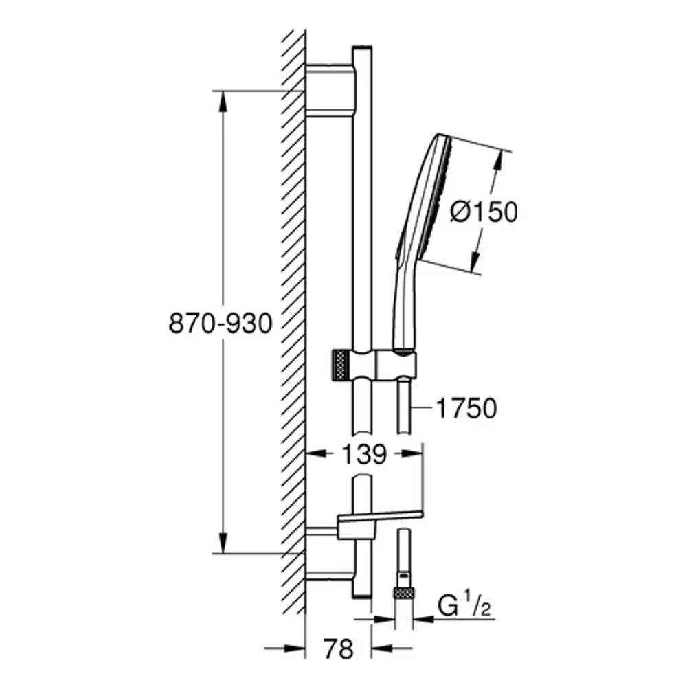 Grohe Brausestangenset mit Duschkopf und Halterung, dargestellt in Seitansicht, Maße und Details sind im Diagramm vermerkt.