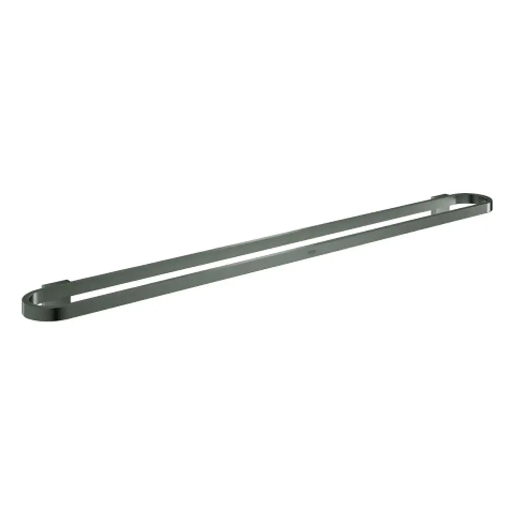GROHE Badetuchhalter in mattem Schwarz, lange, schlanke Form mit runden Enden, montiert an einer Wand. Minimalistisches Design, geeignet für Badezimmer.
