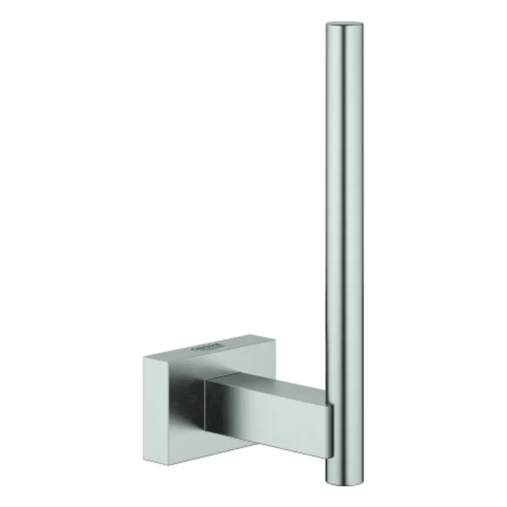 Wandmontierter Papierhalter aus Edelstahl von Grohe, mit rechteckiger Basis und vertikalem Halter, in schlichtem Design ohne sichtbare Befestigungen.