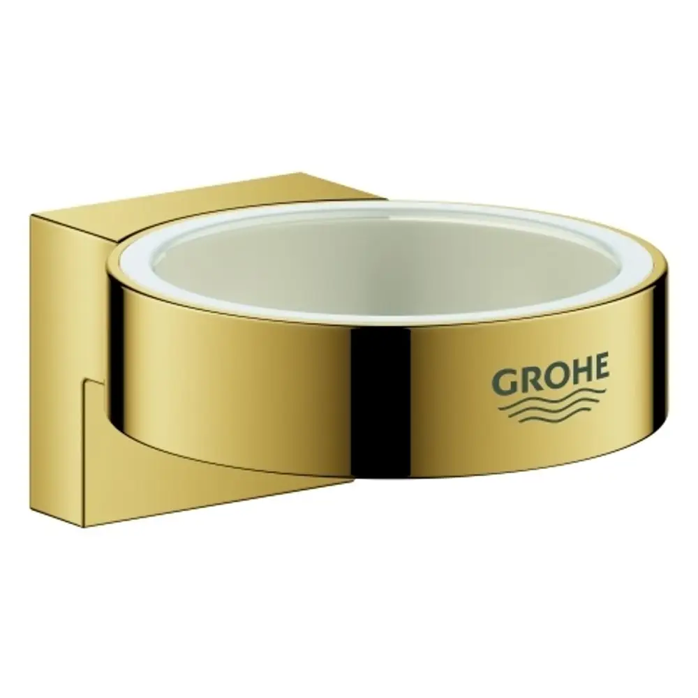 Wandhalter aus glänzendem Gold mit runder Ablage für Glas oder Seifenspender, mit eingeprägtem LOGO der Marke Grohe.
