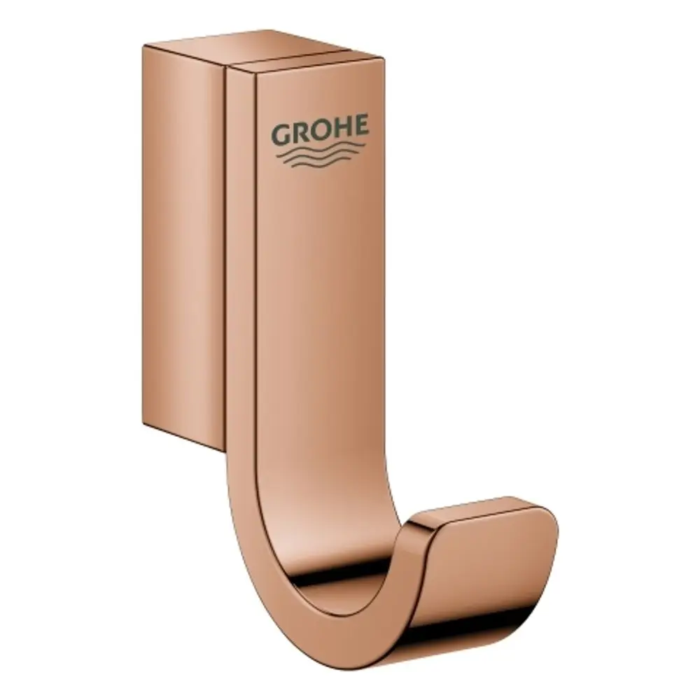 Wandhaken in Roségold mit abgerundeten Kanten, hergestellt von Grohe, für das Aufhängen von Bademänteln oder Handtüchern.
