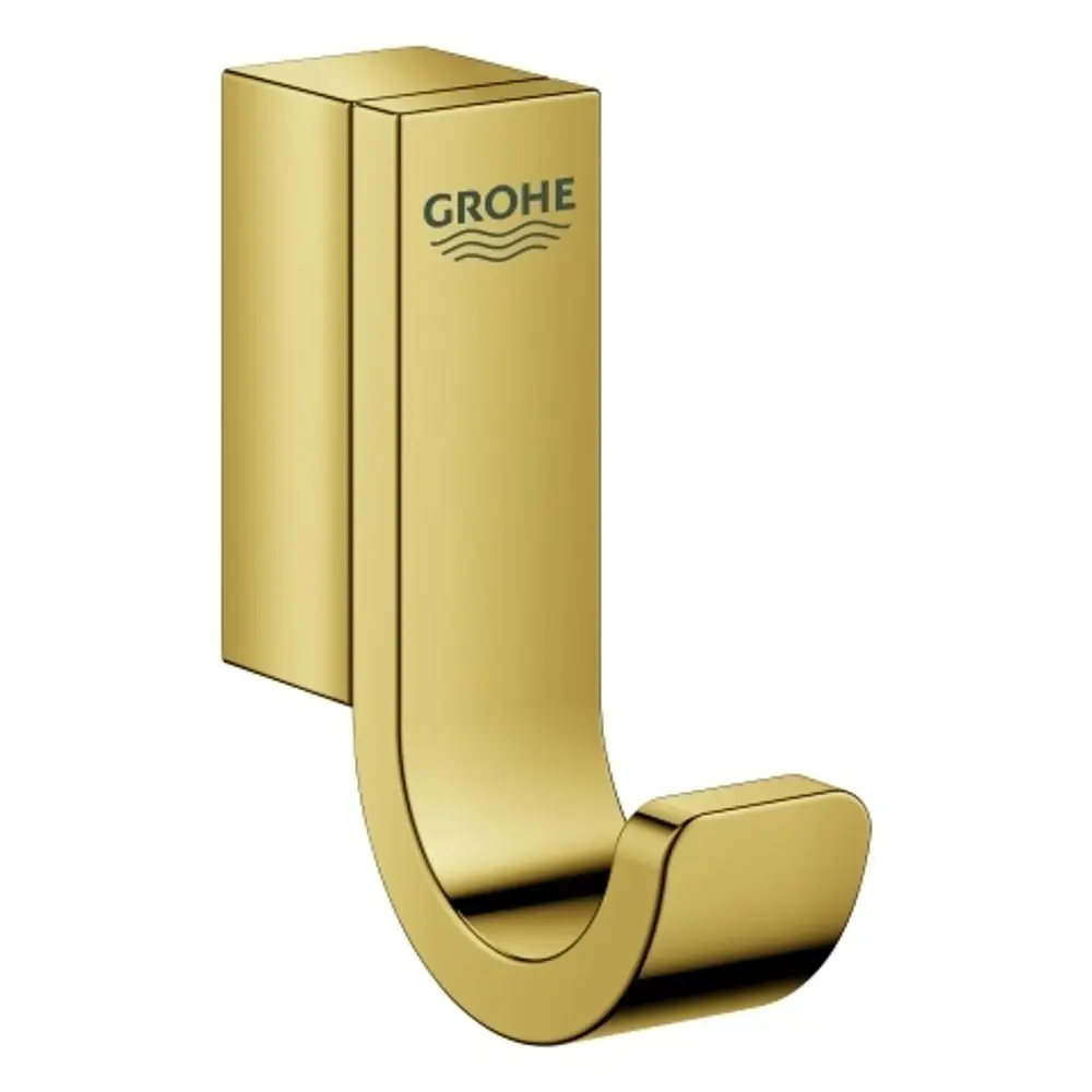 Goldfarbener Wandhaken von Grohe, der eine geschwungene Form aufweist und zum Aufhängen von Bademänteln oder ähnlichen Gegenständen geeignet ist.