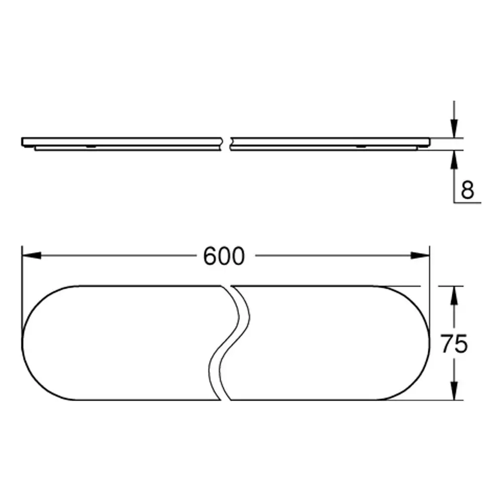 Technische Zeichnung einer rechteckigen Glasablage mit abgerundeten Enden, Maße: 600 x 75 x 8.