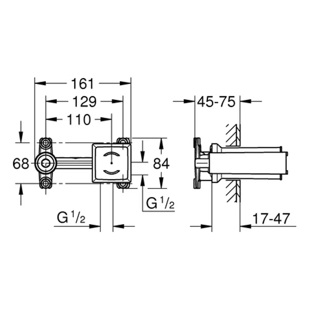 Schematics eines Grohe-Installationssystems mit genauen Maßen und Anschlussstellen für die Montage in Wandbatterien.