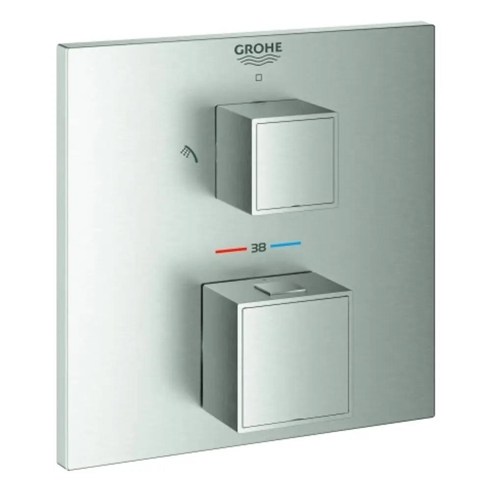 Grohe-Brausebatterie mit zwei quadratischen Reglern auf einer silbernen Wandplatte. Rot und blau kennzeichnen Temperatur- und Wassermengeneinstellungen.