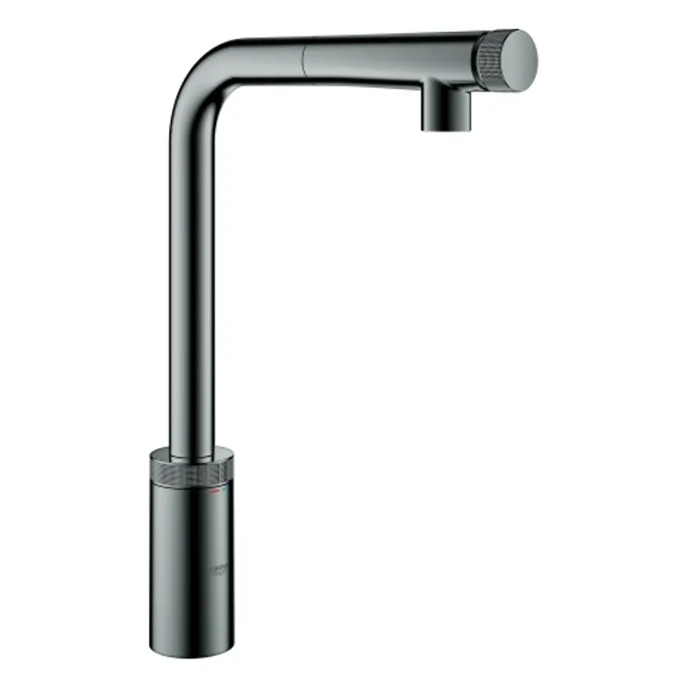 Küchenarmatur in Schwarz, mit einem hohen, gewinkelten Auslauf und einem separaten Bedienknopf. Grohe-Design für moderne Küchen.