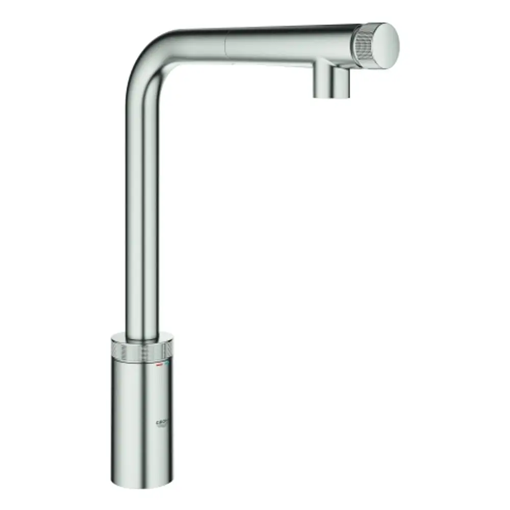 Küchenarmatur von Grohe mit einem gebogenen Auslauf und einer Betätigung am oberen Ende. Die Oberfläche ist aus Edelstahl in mattem Finish.