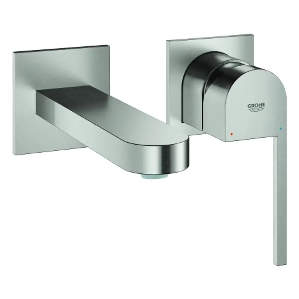 Wandbatterie von Grohe mit einem langen, geraden Auslauf und einem seitlichen Bedienhebel. Oberflächen in gebürstetem Edelstahl.
