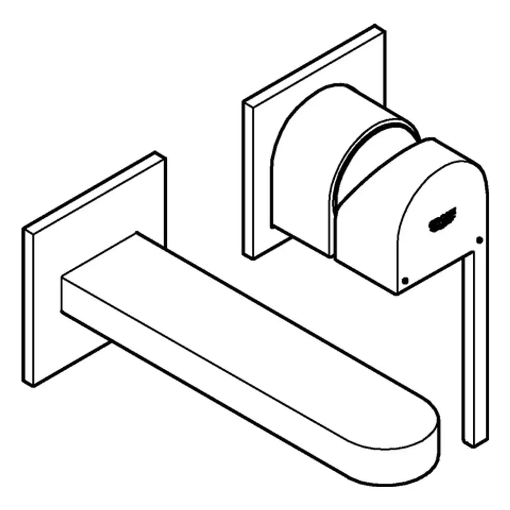 Wandmontierte Armatur von Grohe mit einem langen, geraden Auslauf und einer runden Steuerungseinheit, die an einer glatten Wand befestigt ist.