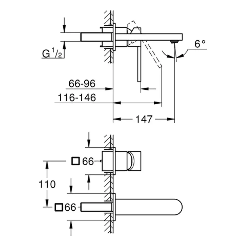 Wandbatterie von Grohe mit zwei Bedienelementen, montiert an einer Wand, mit Maßdiagramm und technischen Details zur Ausladung und Montage.