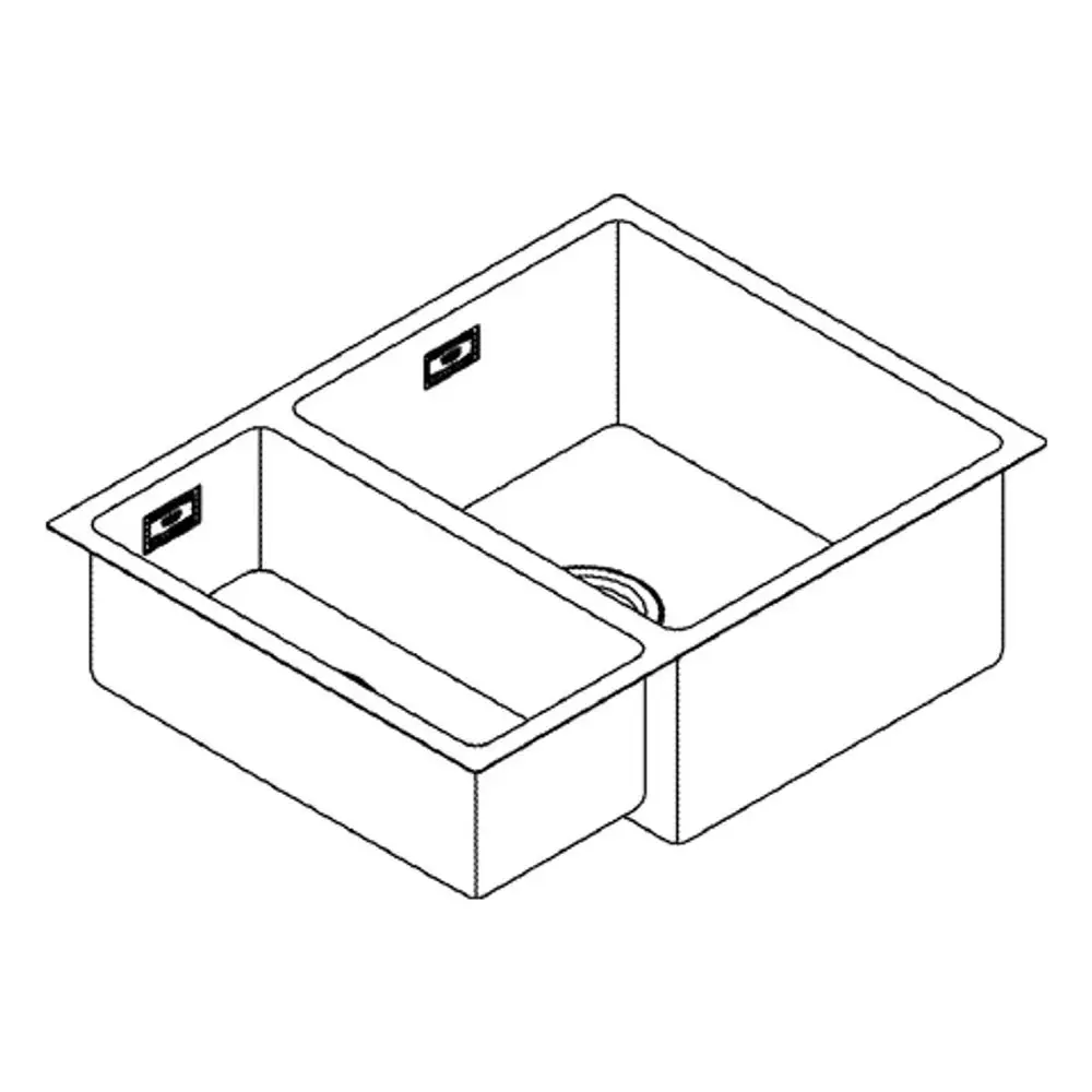 Grohe Unterbau-Edelstahlspüle mit zwei Becken. Die Spüle zeigt klare Linien und Längsform. Entwässerung im mittleren Bereich vorgesehen.