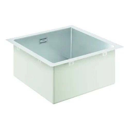 GROHE Spüle mit quadratischem Becken und einem glänzenden Edelstahlrand. Die Innenseite ist aus glänzendem Metall, die Außenseite hat eine helle, matten Oberfläche.