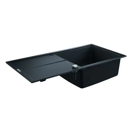 GROHE Kompositspüle in schwarzem Granit, rechteckige Form mit einem Becken und einer klappbaren Abdeckung, geeignet für den Einbau in Küchen.
