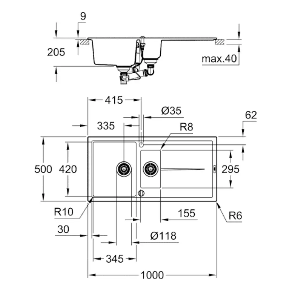 GROHE Küchenspüle mit zwei Beckeneinsätzen, ausgestattet mit Armaturenanschlüssen, abgerundeten Kanten und Maßen zur Installation.