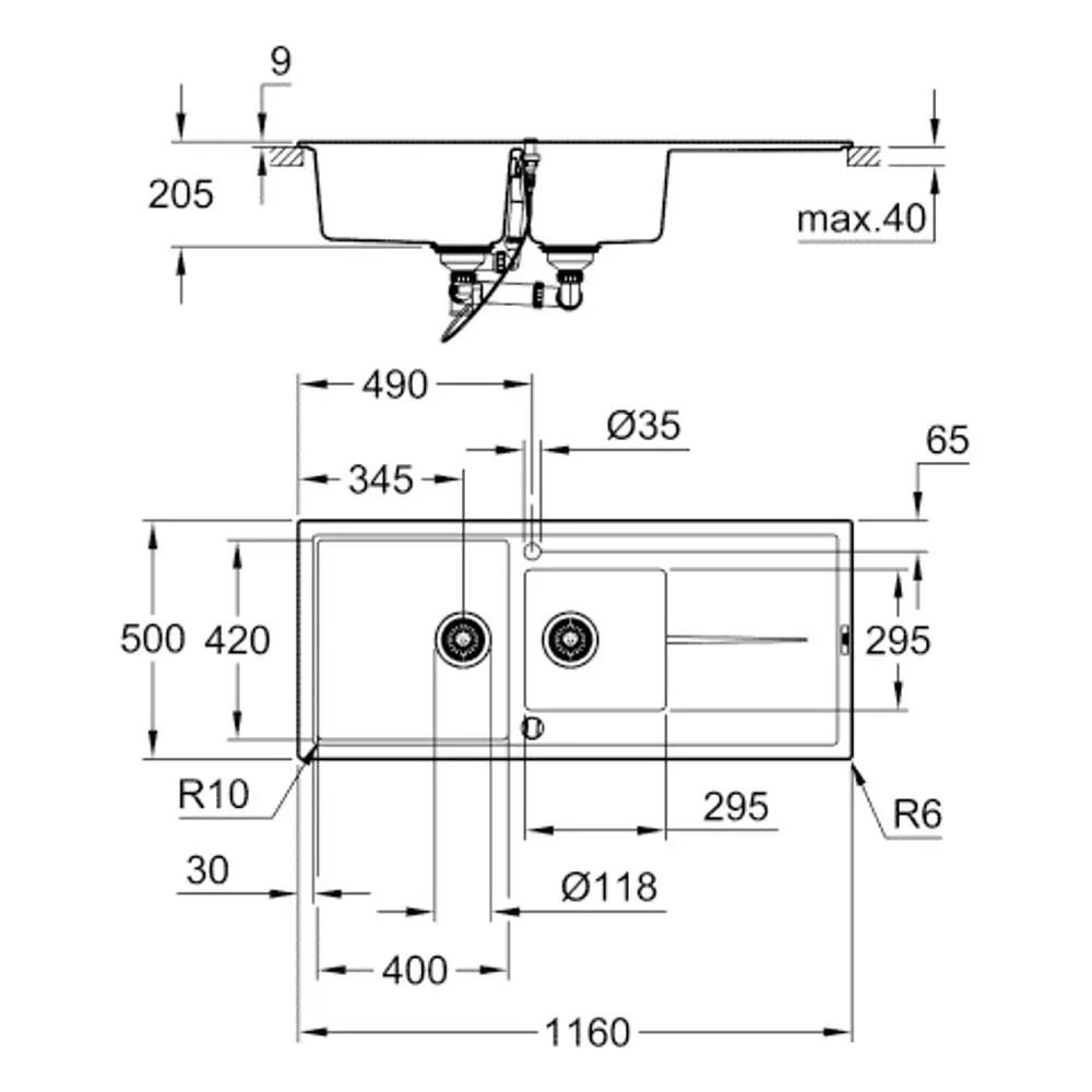 GROHE Kompositspüle mit zwei Becken, rechteckiger Form und unterschiedlichen Durchmessern für Abflussöffnungen, in Schwarz ausgeführt. Technische Zeichnung mit Maßen und Details.