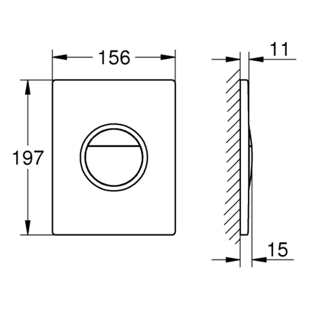 Grohe Betätigungselement in rechteckiger Form mit runder Taste für WC-Spülung. Abgebildet sind Front- und Seitenansicht. Design ist schlicht und funktional.