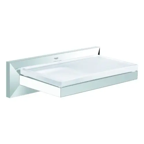 Chromfarbene Badablage mit transparentem Ablagefläche, modernem Design und klaren Linien, ideal für Badezimmeraccessoires.
