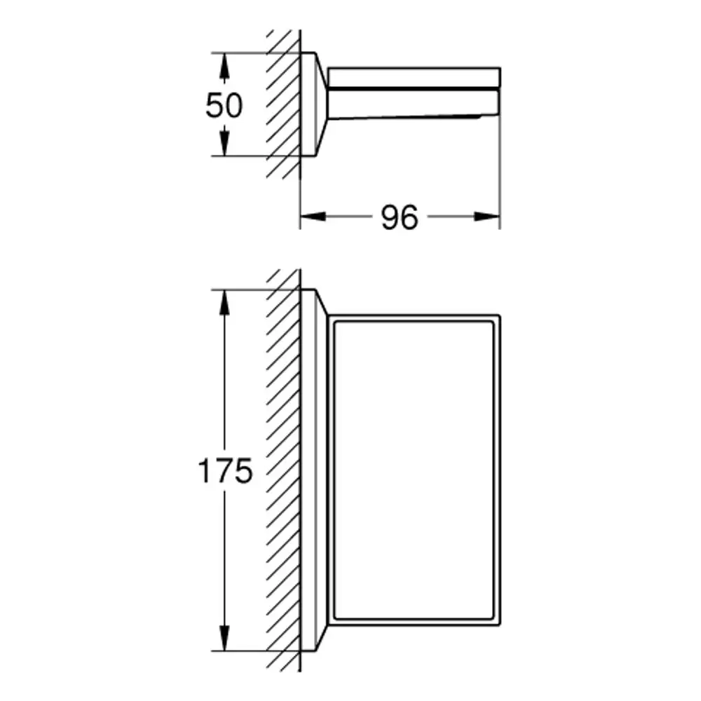 Wandmontierte Ablage von Grohe mit rechteckiger Form und integrierter Seifenschale. Klar strukturiertes Design, geeignet für Badezimmeranwendungen.