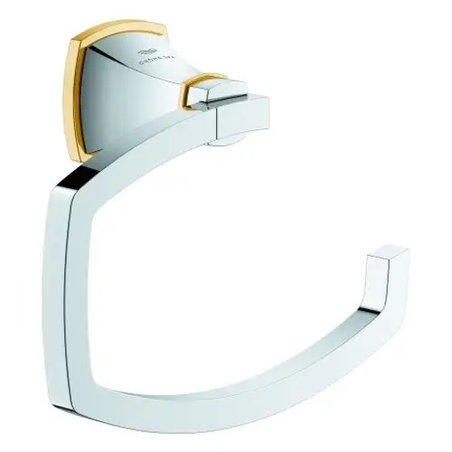 GROHE WC-Papierhalter in Chrom mit goldenen Akzenten. Er zeigt ein modernes Design mit einem klaren, geraden Profil und einer stabilen Halterung.
