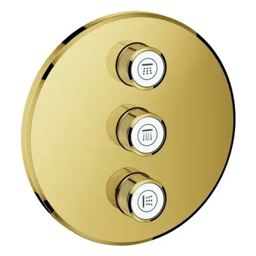 Goldfarbener Thermostat mit drei Einstellknöpfen für verschiedene Wasserarten, darunter Handbrause und Kopfbrause.