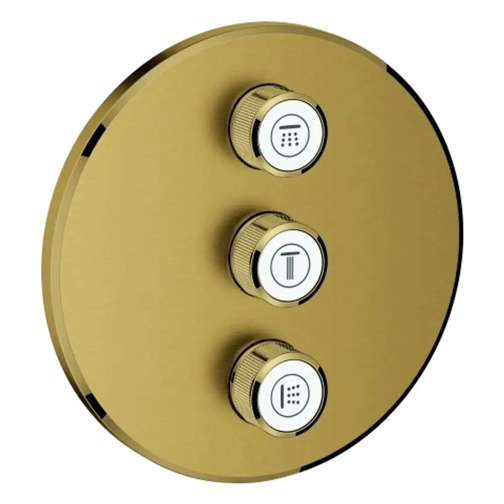 Rundes Steuerpaneel mit drei schwenkbaren Knöpfen für die Kontrolle verschiedener Funktionen, in einem matten Goldton, angeboten von Grohe.