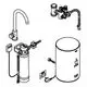 GROHE Standventil mit integriertem Boiler, bestehend aus Wasserhahn, Wasserfilter und zylindrischem Behälter, verbunden durch verschiedene Rohre und Anschlüsse.